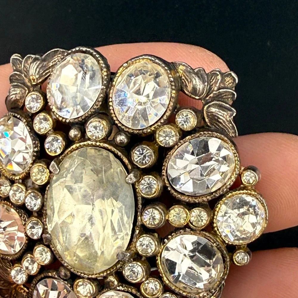 Vintage Dress Clip Silver Tone Clear Rhinestone Art Deco Revival Floral